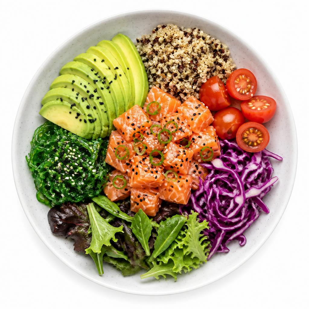 Bowl de salmón con aguacate, quinoa y vegetales creado por ChefGPT